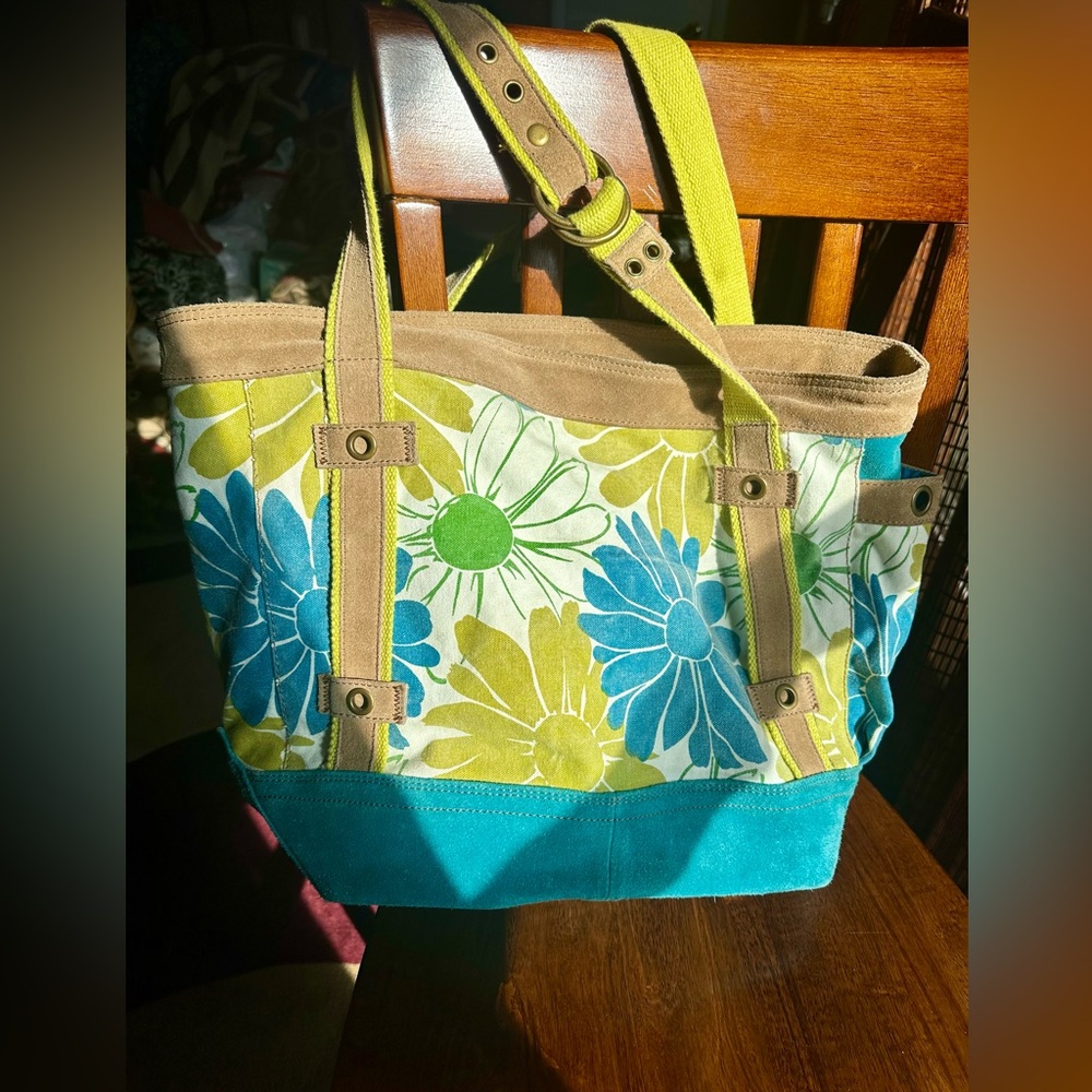 Lucky Brand Floral Canvas Tote Suede Trim Boho Beach Bag